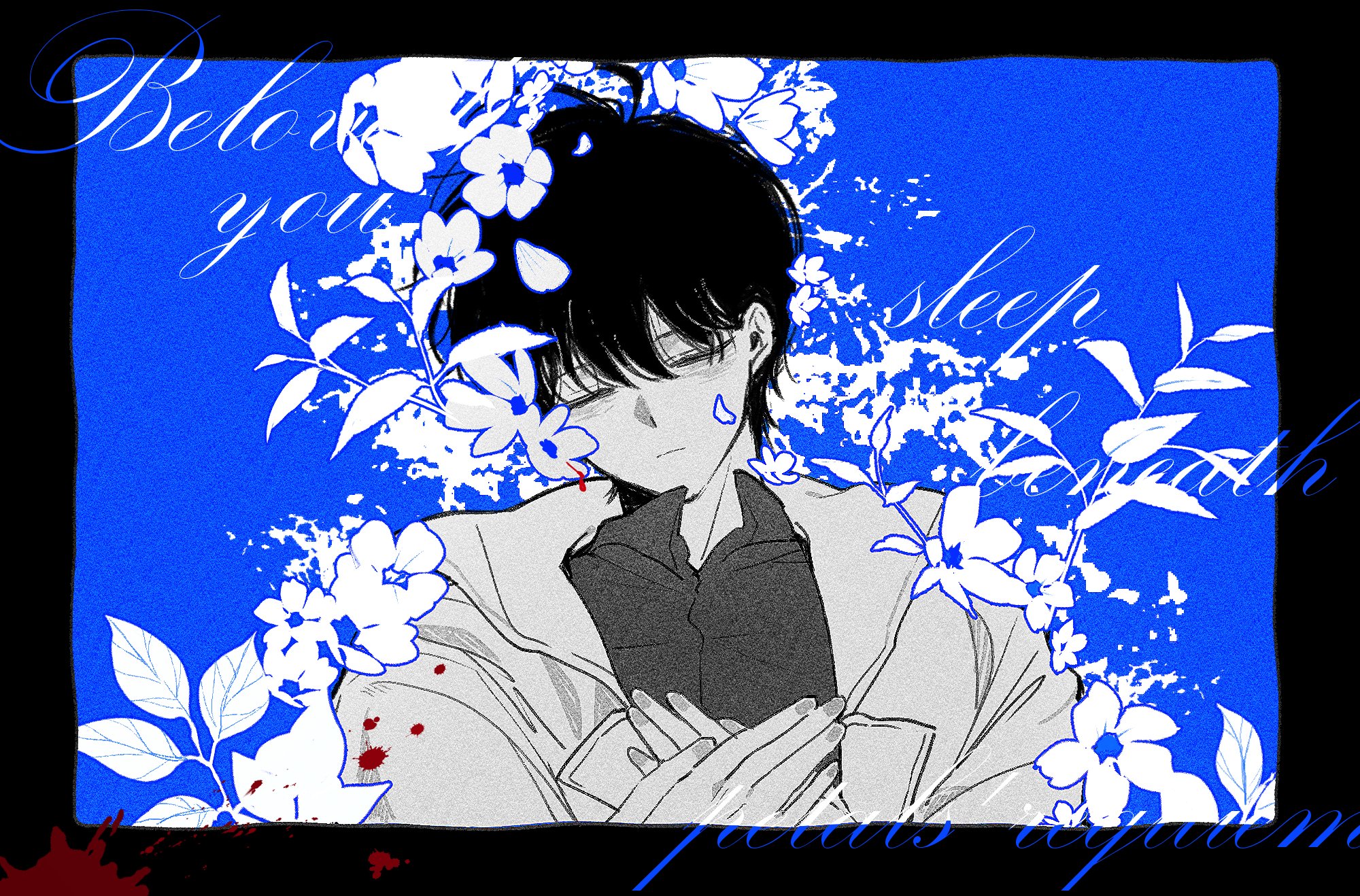 elzfbrvsnr30247, kim dokja, omniscient reader's viewpoint, commentary, english commentary, highres, 1boy, black border, black hair, black shirt, blood, blood splatter, border, closed eyes, coat, collared shirt, cursive, english text, flower, hand on own chest, head tilt, holding own hand, limited palette, male focus, open clothes, open coat, outside border, plant, shirt, short hair, solo, white coat