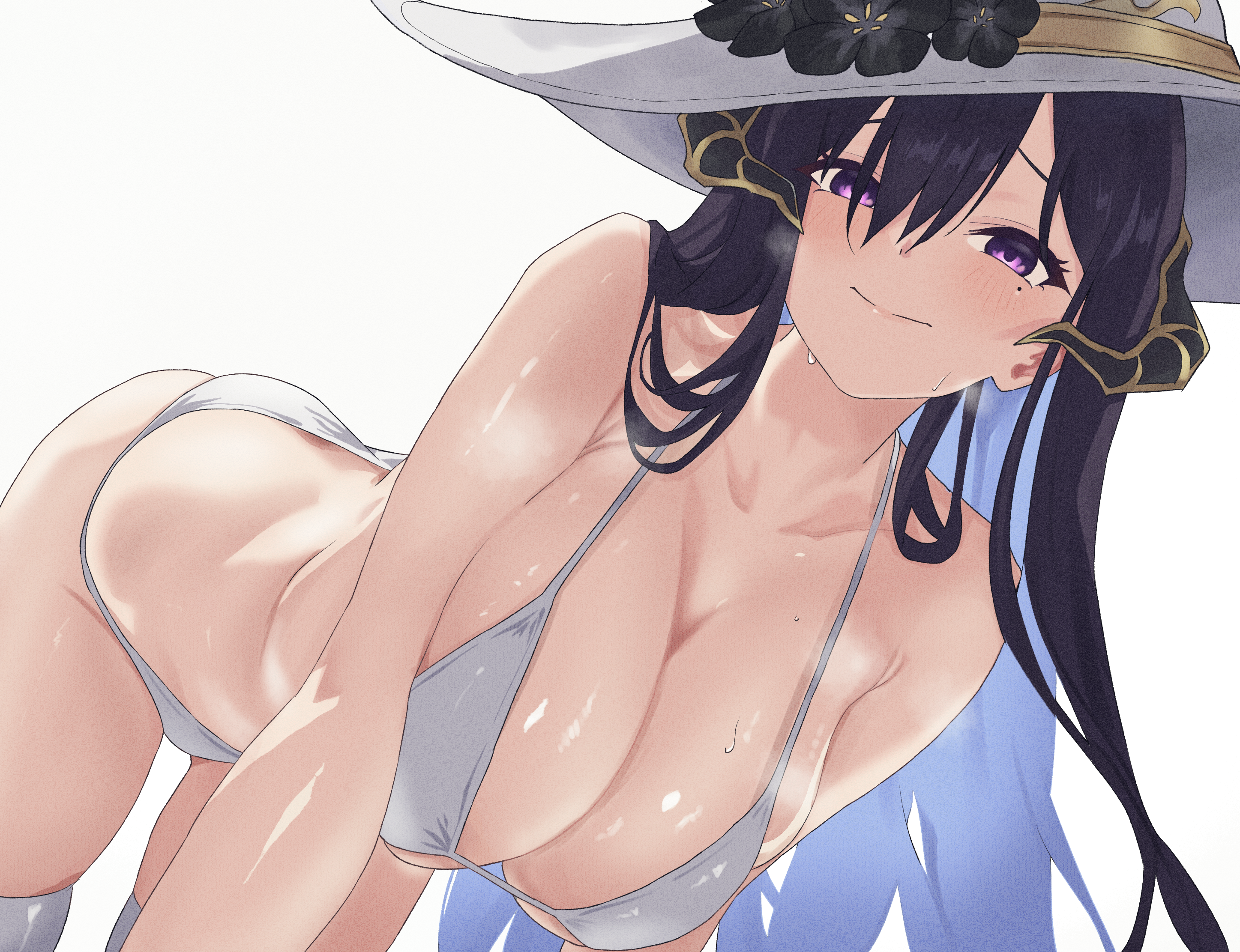 neinlol, constance (honkai: star rail), honkai: star rail, honkai (series), commentary request, highres, 1girl, all fours, alternate costume, armpit crease, bikini, black flower, black hair, blue hair, blush, breasts, breath, cleavage, collarbone, colored inner hair, demon horns, flower, furrowed brow, hair between eyes, hair over shoulder, hanging breasts, hat, hat flower, horns, large breasts, long hair, looking at viewer, mole, mole under eye, multicolored hair, purple eyes, simple background, skindentation, smile, solo, steaming body, sun hat, sweat, swimsuit, thighhighs, thighs, very long hair, white background, white bikini, white hat