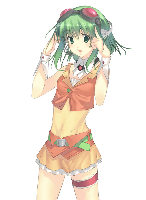 joeian, gumi, vocaloid, bad id, bad pixiv id, 1girl, female focus, green eyes, green hair, headphones, headset, matching hair/eyes, simple background, skirt, solo, white background