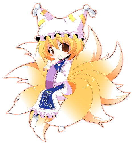 kiri futoshi, yakumo ran, touhou, bad id, bad pixiv id, 1girl, animal hat, blonde hair, chibi, female focus, fox tail, hat, long sleeves, mob cap, multiple tails, short hair, solo, tabard, tail, tassel, white background, wide sleeves