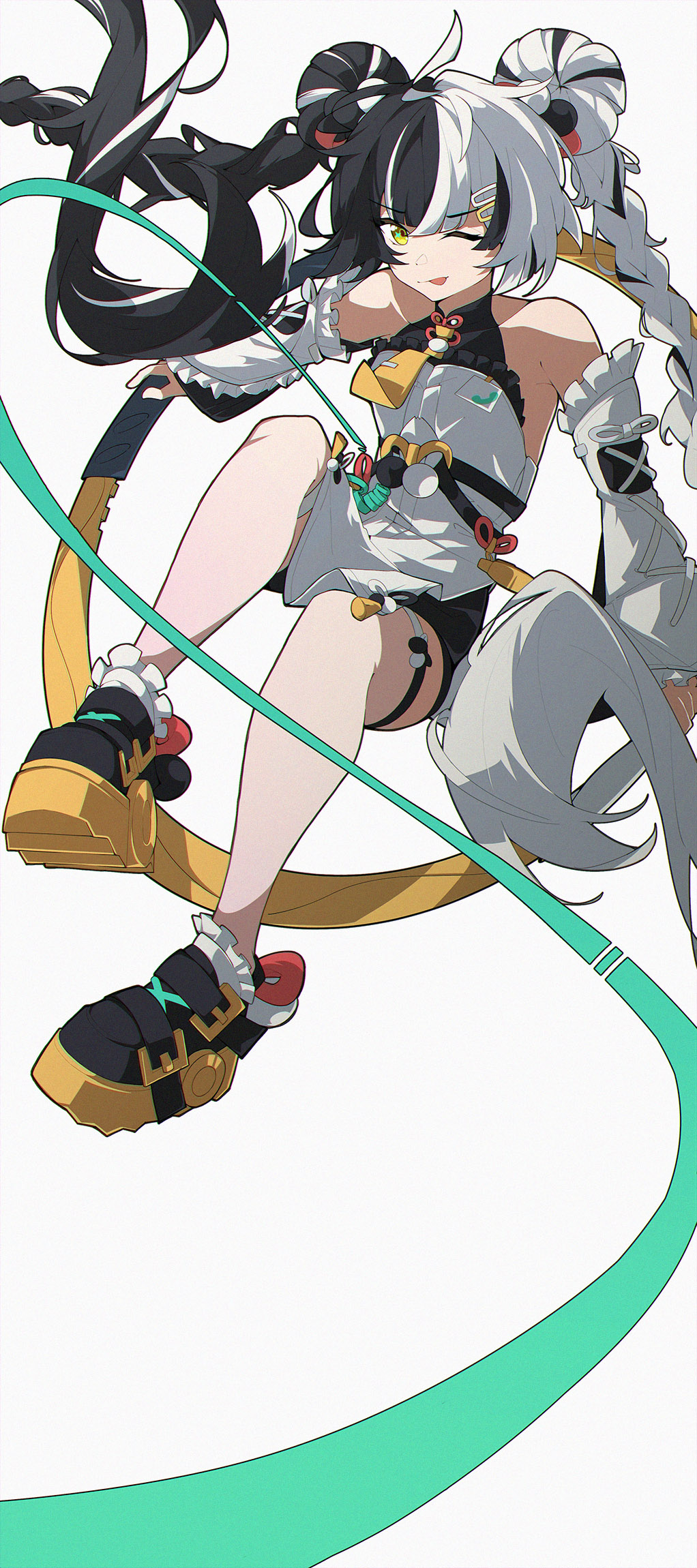 postalworks, dialyn (zenless zone zero), zenless zone zero, commentary, highres, 1girl, :p, ahoge, bare shoulders, black hair, black shoes, black shorts, braid, china dress, chinese clothes, detached sleeves, dress, frilled dress, frilled sleeves, frills, full body, hair ornament, hairclip, legs, long hair, looking at viewer, multicolored hair, necktie, one eye closed, parallel hairclips, shoes, shorts, sneakers, solo, split-color hair, thigh strap, tongue, tongue out, twin braids, two-tone hair, white background, white dress, white hair, white sleeves, wire, yellow eyes, yellow necktie, yellow shoes