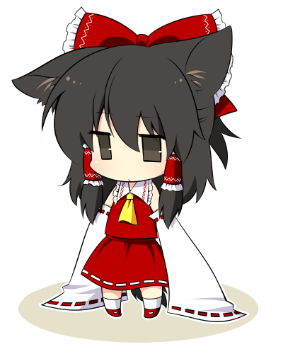 kiri futoshi, hakurei reimu, touhou, undefined fantastic object, lowres, 1girl, animal ears, cat ears, cat girl, chibi, female focus, full body, kemonomimi mode, simple background, solo, white background