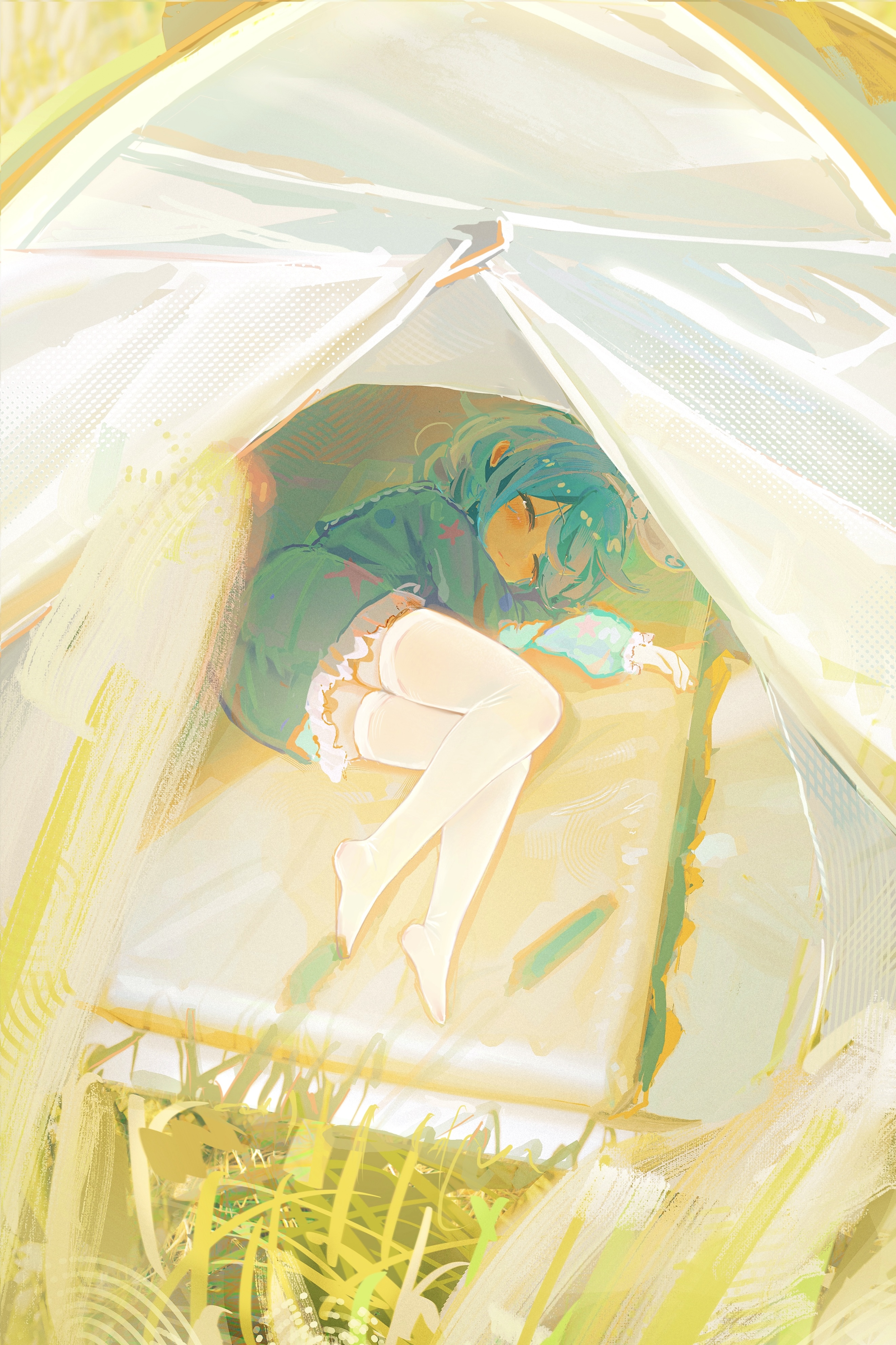 hsch, arona (blue archive), blue archive, absurdres, commentary, english commentary, highres, 1girl, alternate costume, blue dress, blue hair, closed eyes, dress, dutch angle, feet, fine fabric emphasis, frilled sailor collar, frilled sleeves, frilled vest, frills, from above, full body, grass, hair ribbon, long sleeves, lying, medium hair, on side, ribbon, sailor collar, sleeping, solo, tent, tent interior, thighhighs, thighs, vest, white ribbon, white thighhighs, zettai ryouiki