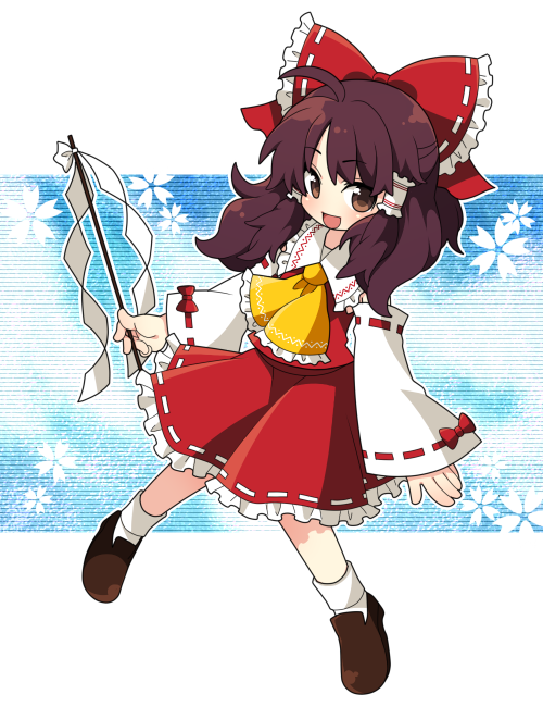 kiri futoshi, hakurei reimu, touhou, undefined fantastic object, bad id, bad pixiv id, 1girl, bow, brown eyes, brown hair, detached sleeves, female focus, full body, gohei, hair bow, japanese clothes, miko, short hair, sky, solo