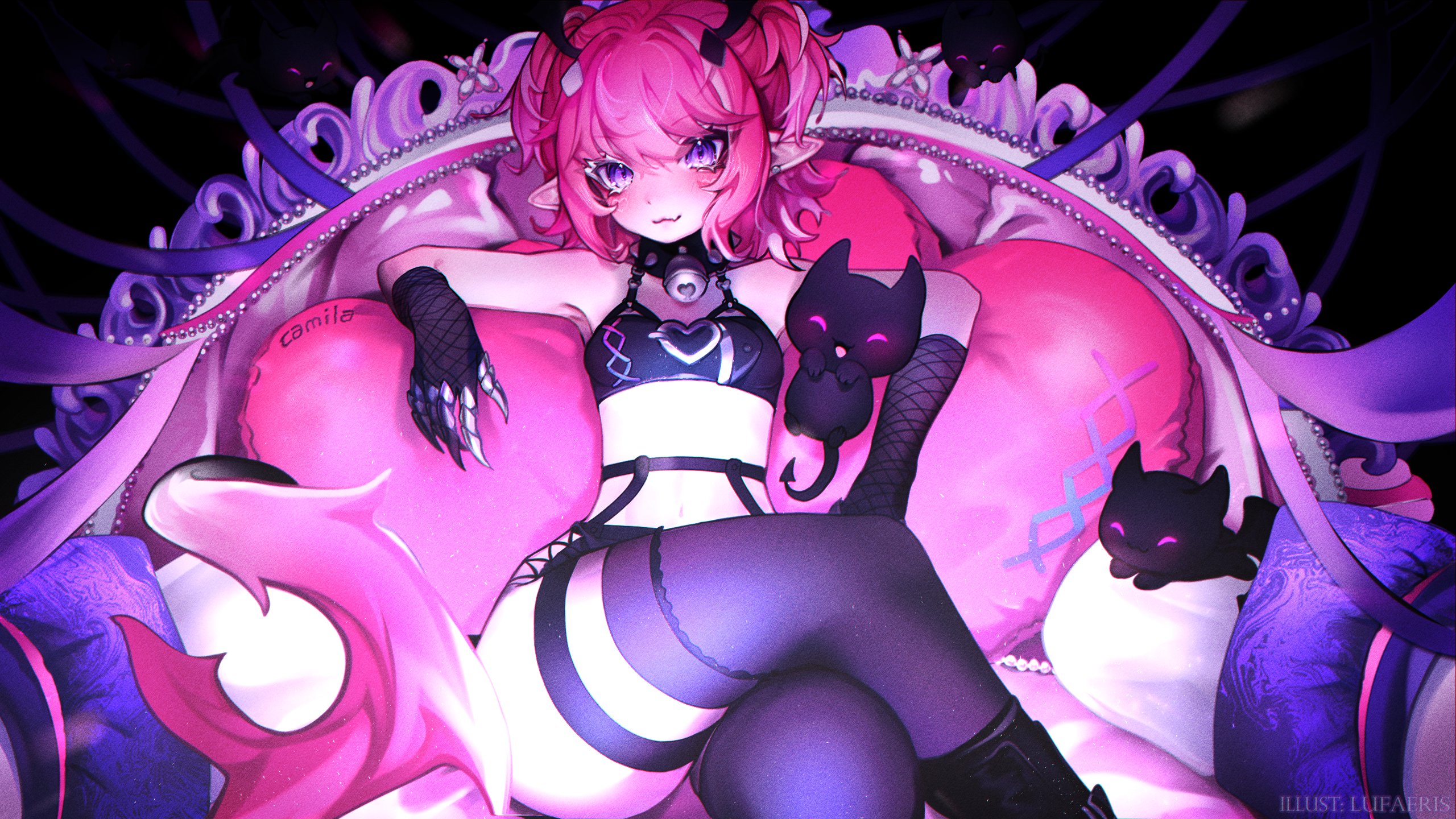 cloud (lufaeris), original, commentary, highres, symbol-only commentary, 1girl, :3, bell, black bra, black gloves, black thighhighs, bra, breasts, claw ring, closed mouth, couch, cowboy shot, creature, crossed legs, gloves, jingle bell, looking at viewer, on couch, pink hair, pointy ears, short hair, sitting, small breasts, smile, solo, swept bangs, thighhighs, underwear