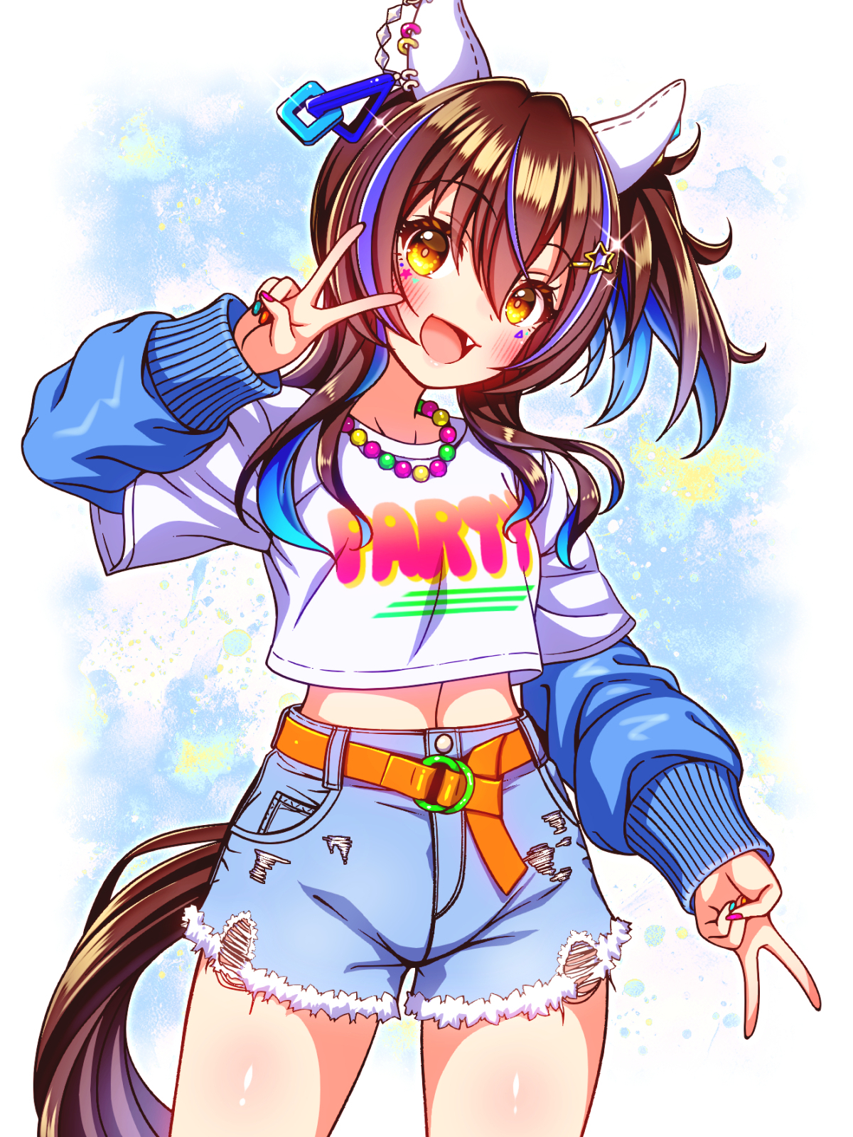 sugimotty nova, daitaku helios (casual) (umamusume), daitaku helios (umamusume), umamusume, commentary request, highres, 1girl, animal ears, bead necklace, beads, belt, blue hair, blue sleeves, blush, breasts, brown hair, colored inner hair, crop top, crop top overhang, cutoffs, denim, denim shorts, double v, ear covers, facial tattoo, fang, hair between eyes, hair ornament, hairclip, horse ears, horse girl, horse tail, jewelry, layered sleeves, long hair, long sleeves, looking at viewer, midriff, midriff peek, multicolored hair, multicolored nails, necklace, open mouth, orange belt, shirt, shirt under shirt, short over long sleeves, short sleeves, shorts, side ponytail, smile, solo, star (symbol), star hair ornament, streaked hair, tail, tattoo, torn clothes, torn shorts, v, white shirt, yellow eyes