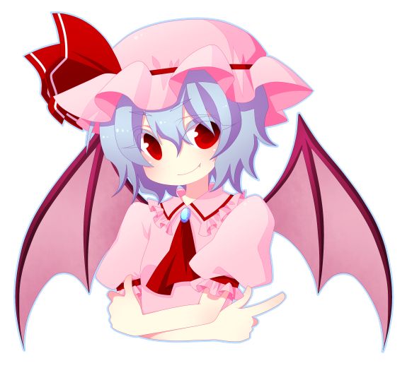 kiri futoshi, remilia scarlet, touhou, bad id, bad pixiv id, 1girl, blue hair, female focus, hat, red eyes, solo, wings