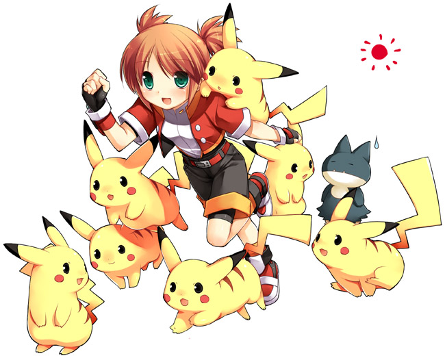arima (yukagen), hitomi (pokemon ranger), kate (pokemon), munchlax, piakchu, pikachu, nintendo, pokemon, pokemon ranger: shadows of almia, pokemon ranger (series), pokemon ranger vatonage, bad id, bad pixiv id, 00s, 1girl, belt, brown hair, fingerless gloves, gen 1 pokemon, gen 4 pokemon, gloves, green eyes, pokemon (creature), running, short hair, shorts, simple background, sun, sweatdrop, too many, too many pikachu, twintails, white background