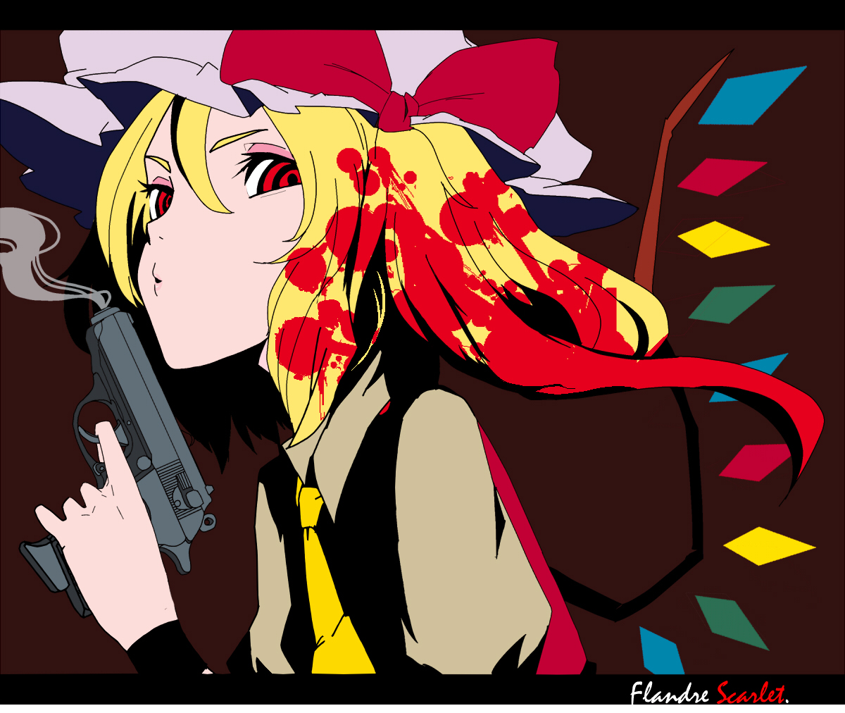 motsuni (artist), flandre scarlet, embodiment of scarlet devil, touhou, walther, 1girl, blonde hair, female focus, gun, handgun, hat, pistol, pocket pistol, ponytail, red eyes, short hair, side ponytail, smoke, smoking barrel, solo, walther ppk, weapon, wings