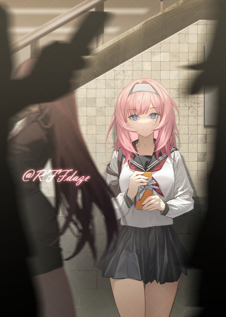 rff (3 percent), elysia (honkai impact), honkai (series), honkai impact 3rd, highres, 2girls, alternate costume, artist name, black skirt, blue eyes, blue sailor collar, breasts, hair ornament, hairband, holding, large breasts, long hair, multiple girls, neckerchief, pink hair, purple pupils, red neckerchief, sailor collar, school uniform, serafuku, skirt, smile, solo focus, thighs, very long hair, white hairband, white serafuku