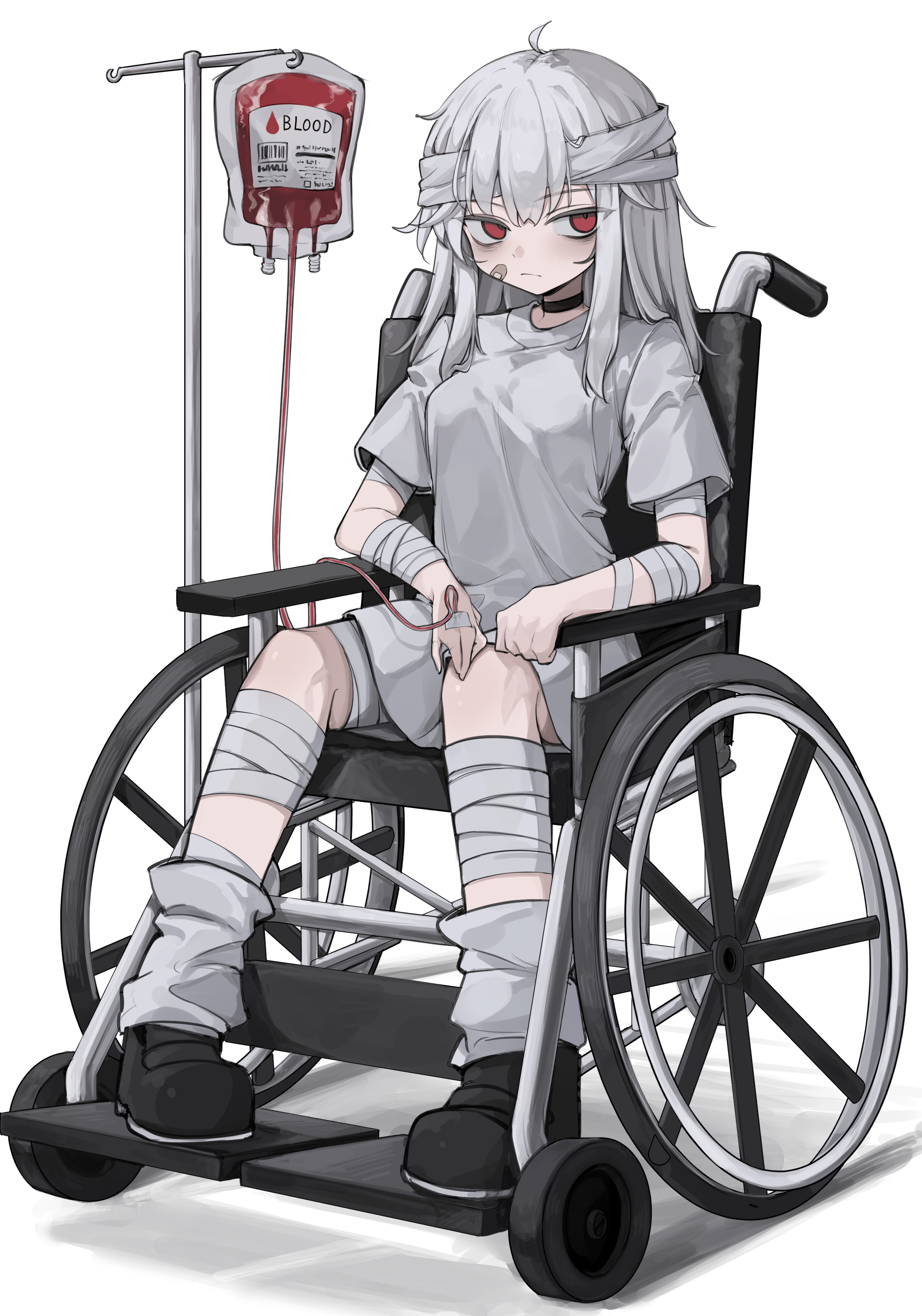 hisha (kan moko), original, absurdres, commentary request, highres, 1girl, bandaged arm, bandaged head, bandaged leg, bandages, bandaid, bandaid on cheek, bandaid on face, black shoes, blood, blood bag, closed mouth, dress, full body, intravenous drip, leg warmers, long hair, looking at viewer, puffy short sleeves, puffy sleeves, red eyes, shoes, short dress, short sleeves, sitting, wheelchair, white dress, white hair, white leg warmers