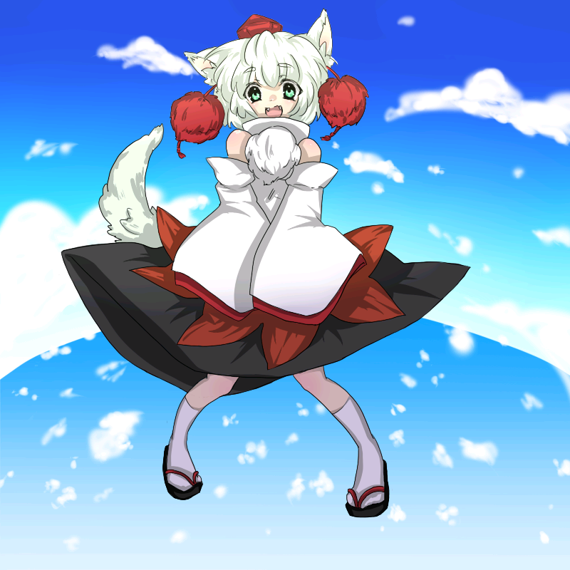 koyuki (artist), tatsuhime koyuki, inubashiri momiji, touhou, 1girl, animal ears, detached sleeves, fangs, female focus, geta, green eyes, hat, short hair, solo, tail, tokin hat, white hair, wolf ears, wolf tail