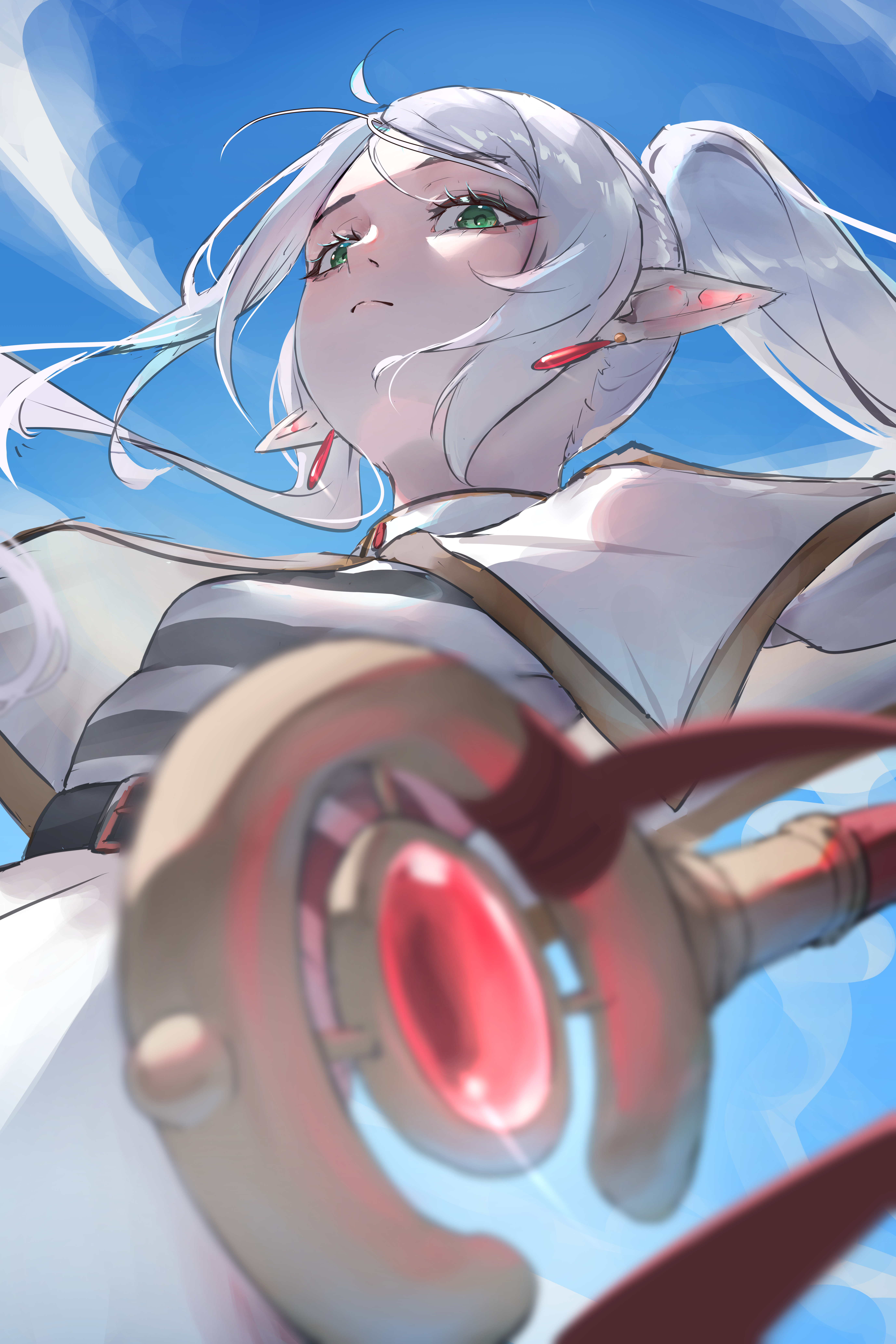 yawww (yawwwart), frieren, sousou no frieren, absurdres, commentary request, highres, 1girl, belt, black belt, black shirt, blue sky, capelet, closed mouth, earrings, elf, from below, green eyes, holding, holding staff, jewelry, long hair, looking at viewer, looking down, mage staff, meme, multicolored shirt, pointy ears, shirt, skirt, sky, solo, staff, striped clothes, striped shirt, twintails, two-tone shirt, upper body, upward angle frieren drawing (meme), white capelet, white hair, white shirt, white skirt