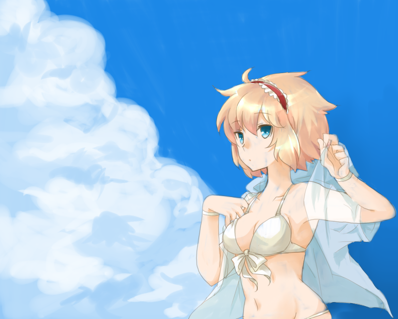 kuzumiya yuyu, alice margatroid, touhou, bad id, bad pixiv id, 1girl, bikini, blonde hair, blue eyes, breasts, cleavage, day, female focus, front-tie top, hairband, medium breasts, open clothes, open shirt, outdoors, see-through clothes, shirt, short hair, sky, solo, swimsuit, white bikini