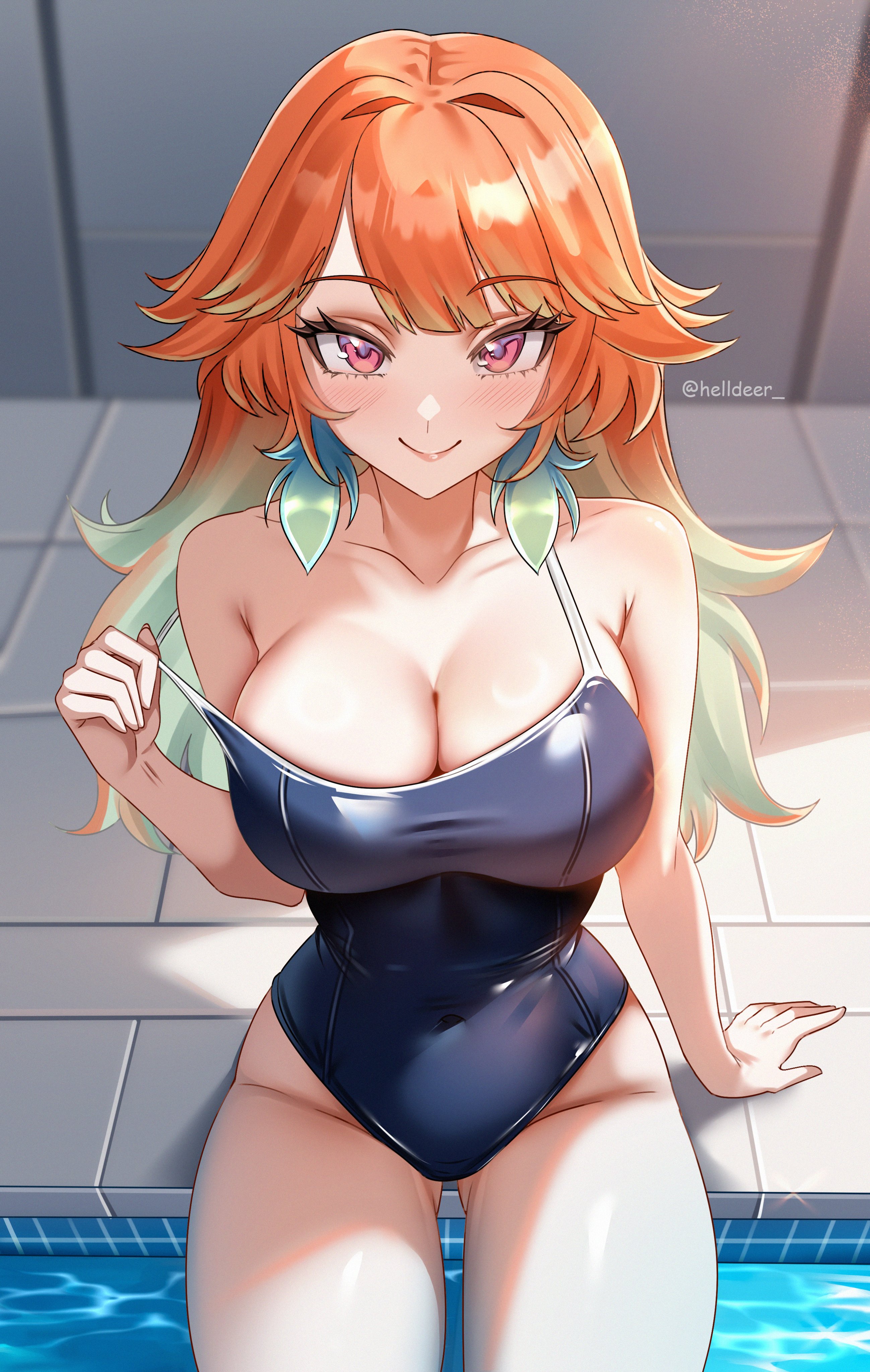 helldeer, takanashi kiara, hololive, hololive english, absurdres, hashtag-only commentary, highres, 1girl, armpit crease, blue one-piece swimsuit, breasts, cleavage, closed mouth, collarbone, earrings, feather earrings, feathers, green hair, jewelry, multicolored hair, one-piece swimsuit, orange hair, pool, purple eyes, sitting, smile, solo, streaked hair, swimsuit, thighs, virtual youtuber