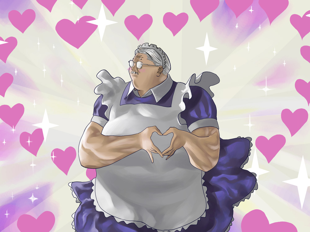 anzai mitsuyoshi, colonel sanders, izayoi sakuya, kfc, slam dunk (series), touhou, 1boy, apron, blush, crossdressing, crossdressing (mtf), facial hair, fat, fat man, glasses, heart, maid, maid apron, male focus, male maid, moe moe kyun!, mustache, parody, solo, what, white hair