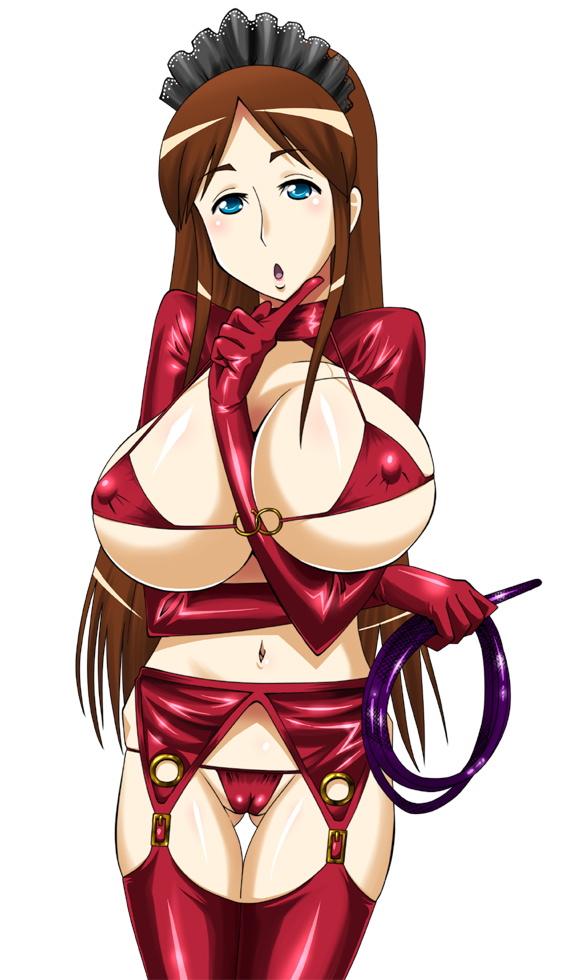 hinoki (hinoki-buro), hiyorimi sawawa, kaibutsu oujo, 00s, between breasts, bikini, blue eyes, breasts, brown hair, cameltoe, covered erect nipples, crossed arms, garter belt, garter straps, gloves, huge breasts, latex, long hair, lowleg, lowleg bikini, micro bikini, navel, o-ring, o-ring top, swimsuit, whip
