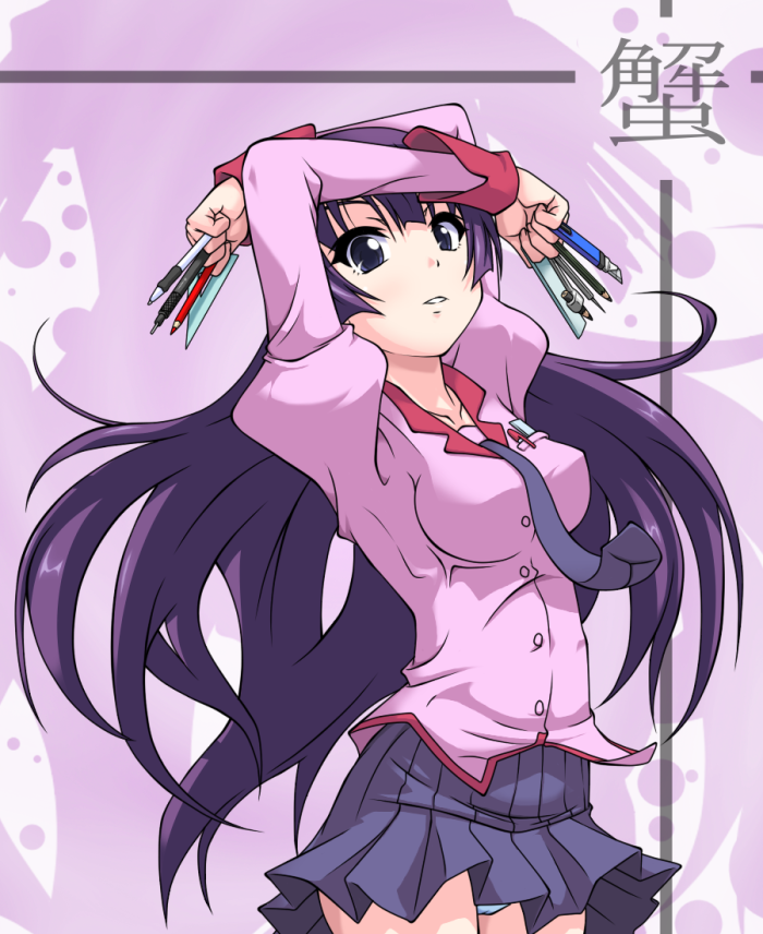 k10k, senjougahara hitagi, bakemonogatari, monogatari (series), 00s, 1girl, arms up, breasts, colored pencil, compass, female focus, mechanical pencil, panties, pantyshot, pen, pencil, ruler, school uniform, set square, skirt, solo, underwear, wooden pencil