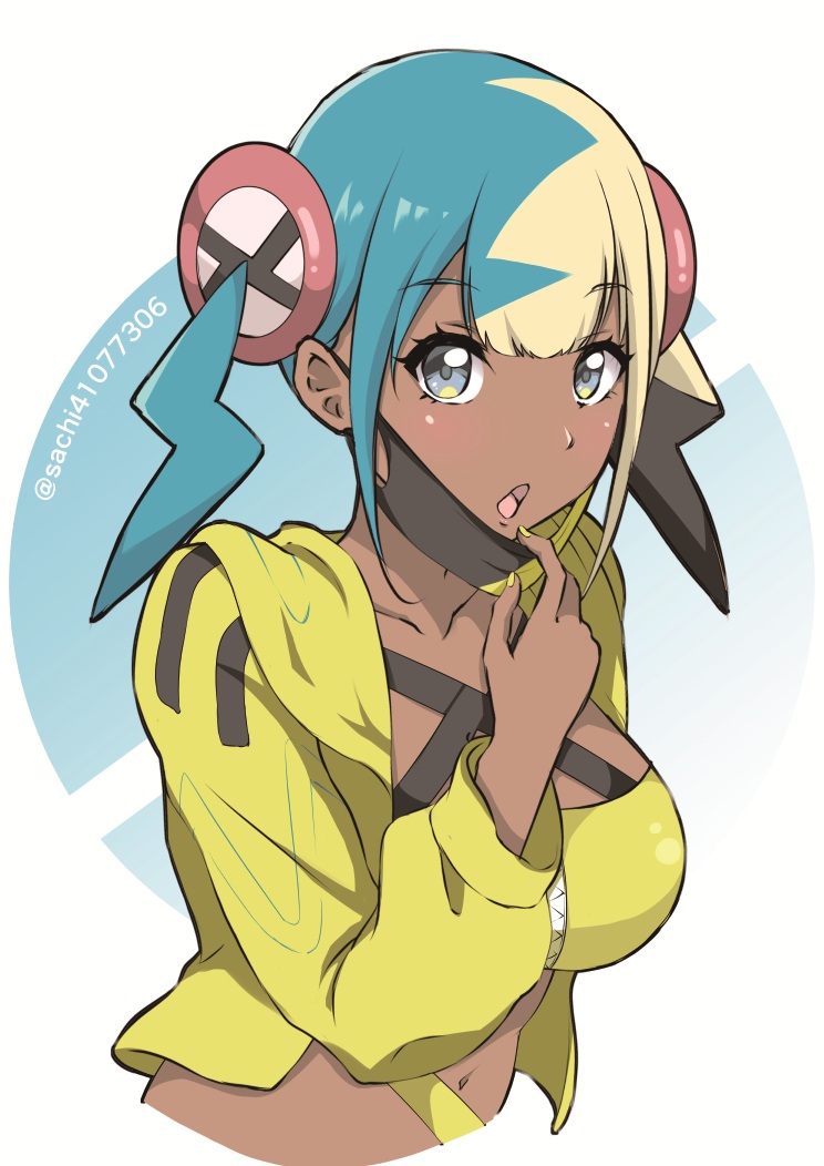 sachi (vyk1319), canari (pokemon), nintendo, pokemon, pokemon legends: z-a, commentary request, 1girl, alternate breast size (larger), aqua hair, bandeau, black mask, blonde hair, blue eyes, blush, breasts, cleavage, criss-cross straps, dark-skinned female, dark skin, english text, fake hair bun, jacket, large breasts, long sleeves, looking at viewer, mask, mask pull, mouth mask, multicolored hair, navel, open mouth, pants, short twintails, simple background, solo, split-color hair, sports bra, stomach, tan, twintails, twitter username, two-tone hair, two-tone mask, yellow bandeau, yellow jacket, yellow mask, yellow sports bra