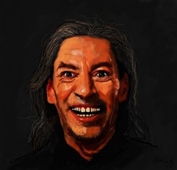 splatteredvenue, bob (twin peaks), twin peaks, jpeg artifacts, making-of available, 1boy, beard, black eyes, creepy, facial hair, grey hair, horror (theme), long hair, male focus, messy hair, portrait, realistic, smile, solo