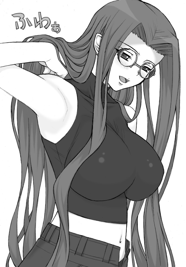 shichimenchou, medusa (fate), medusa (rider) (fate), fate/stay night, fate (series), 00s, armpits, breasts, glasses, greyscale, large breasts, long hair, midriff, monochrome, navel, simple background, solo, square pupils, unzipped
