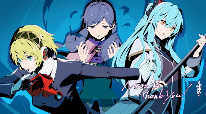 nakano maru, aigis (persona), ilyana (fire emblem), tio plato, eiyuu densetsu, fire emblem, fire emblem: path of radiance, nintendo, persona, persona 3, persona 3 reload, sen no kiseki (series), commentary, commission, english commentary, skeb commission, 3girls, animal ears, black jacket, black skirt, blonde hair, blue eyes, blue hair, blue shirt, bow, bowtie, cat ears, closed mouth, coat, collared shirt, cowboy shot, crossover, dress shirt, fake animal ears, gekkoukan high school uniform, green shirt, half-closed eyes, jacket, long sleeves, looking to the side, multiple crossover, multiple girls, purple hair, red bow, red bowtie, school uniform, shirt, short hair, skirt, smile, white coat, white shirt, yellow eyes