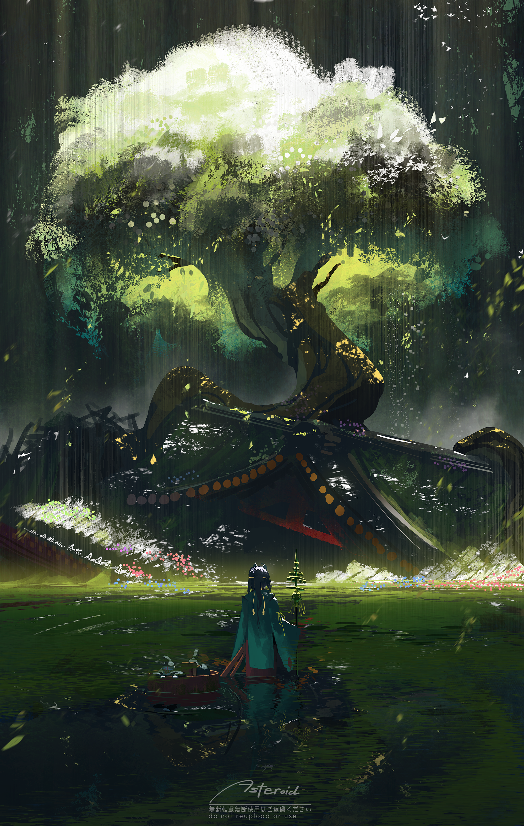 asteroid ill, original, absurdres, commentary request, highres, abandoned, architecture, artist name, black hair, building, dappled sunlight, east asian architecture, facing ahead, falling leaves, flower, green flower, headband, holding, holding staff, japanese clothes, leaf, long hair, montsuki, moss, nature, plant, plant roots, ponytail, purple flower, red flower, reflection, reflective liquid, ruins, scenery, shakujou, sheath, sheathed, solo, staff, sunlight, tree, water, waterfall, watermark, weapon