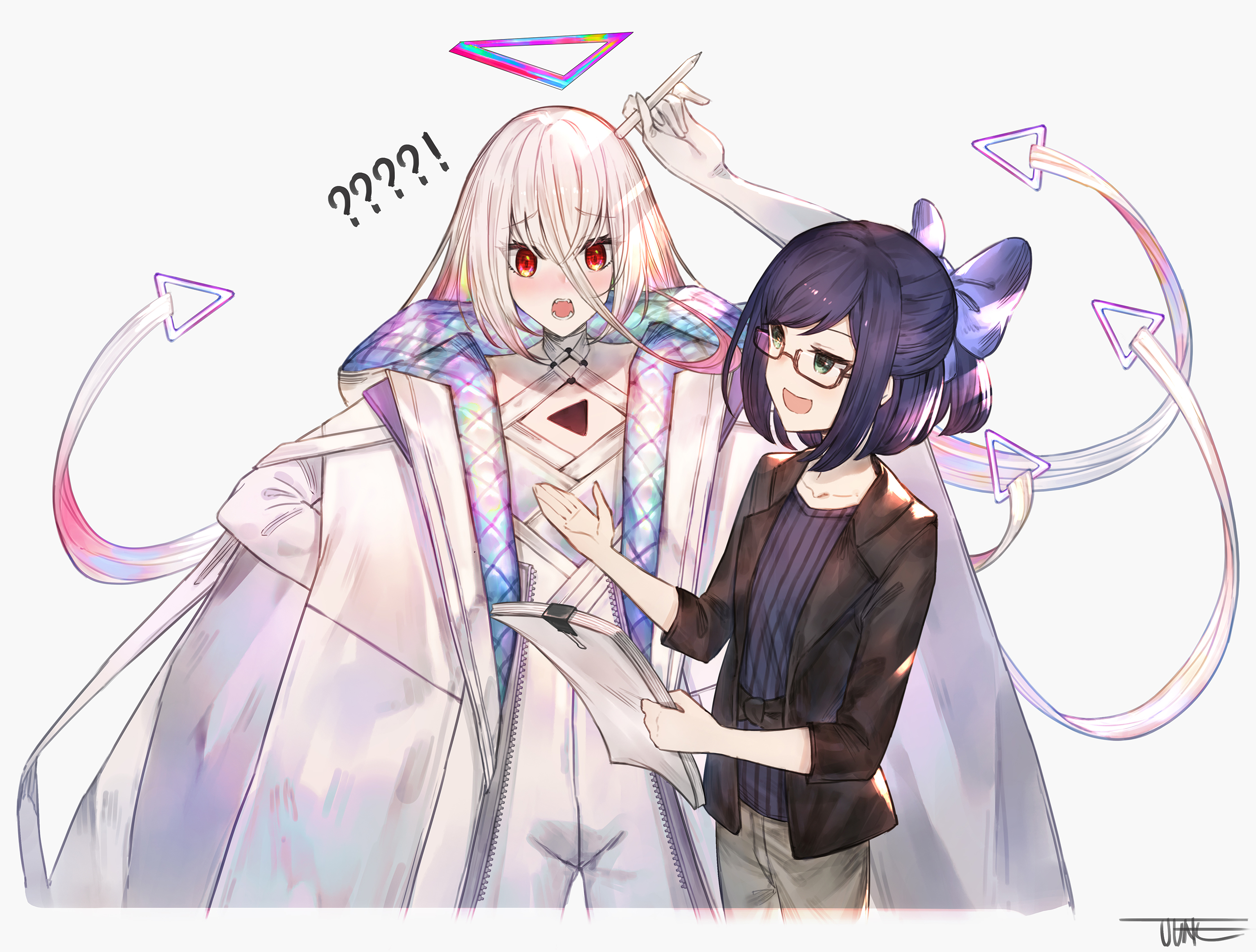 jun wei, a-chan (2nd costume) (hololive), a-chan (hololive), omega alpha, hololive, hololive english, commentary, commentary request, english commentary, highres, mixed-language commentary, !?, 1girl, 1other, :d, black-framed eyewear, black jacket, blue hair, blue shirt, bodysuit, bow, cloak, gradient hair, green eyes, grey pants, hair between eyes, hair bow, halo, holding, holding paper, holding stylus, jacket, long hair, long hair between eyes, multicolored hair, multicolored halo, open clothes, open jacket, open mouth, pants, paper, pink hair, rainbow halo, red eyes, shirt, signature, smile, striped clothes, striped shirt, stylus, teeth, triangle halo, very long hair, virtual youtuber, white background, white bodysuit, white cloak, white hair