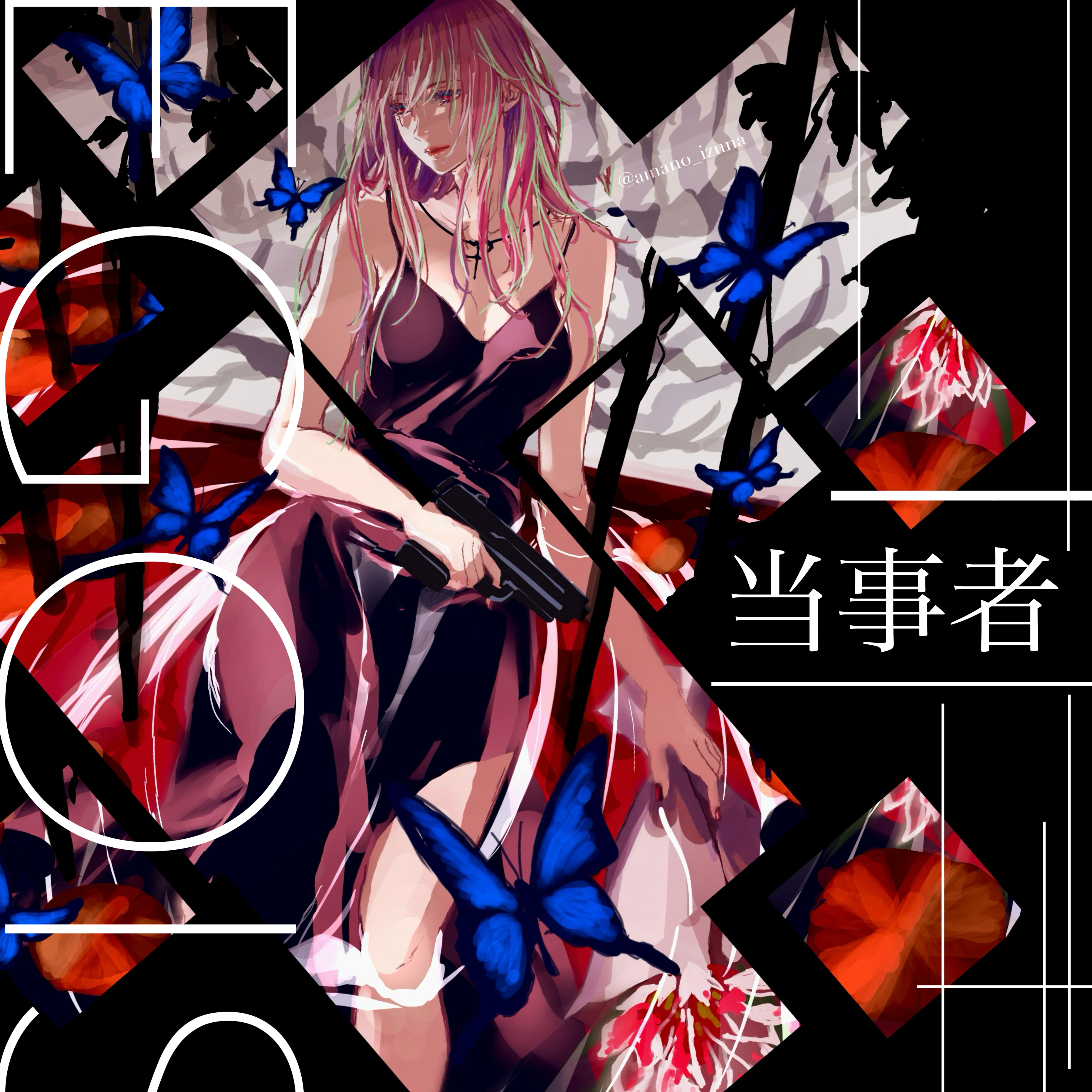 isca, yuzuriha inori, guilty crown, absurdres, commentary request, highres, translation request, 1girl, alternate costume, alternate hairstyle, black dress, blue butterfly, bug, butterfly, dress, egoist, gun, handgun, holding, holding gun, holding weapon, insect, long hair, looking to the side, pink hair, red eyes, red lips, solo, twitter username, weapon