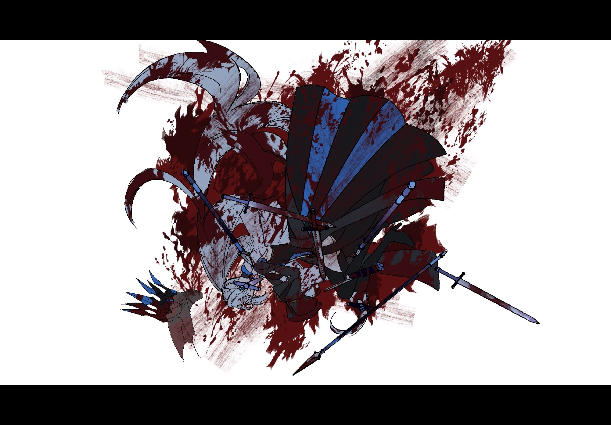 julhxh, morgan le fay (fate), morgan le fay (queen of winter) (fate), fate/grand order, fate (series), commentary request, highres, 1girl, black dress, blood, blood on clothes, blood splatter, closed eyes, crown, dress, long hair, polearm, ponytail, simple background, solo, spear, sword, two-tone dress, veil, very long hair, weapon, white background, white hair