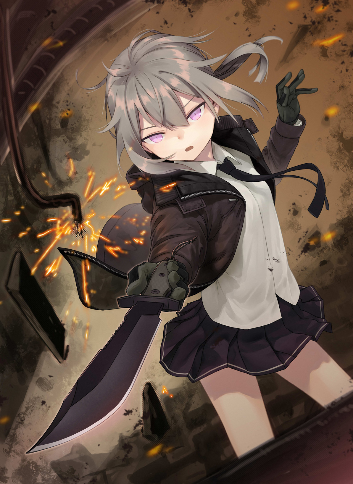 gou (double trigger), m200 (girls' frontline), girls' frontline, commentary request, highres, 1girl, black necktie, black skirt, brown hair, brown jacket, collared shirt, combat knife, gloves, grey gloves, holding, holding knife, holding weapon, hood, hooded jacket, jacket, knife, looking at viewer, necktie, open clothes, open jacket, open mouth, pleated skirt, purple eyes, shirt, skirt, solo, sparks, weapon, white shirt, wire