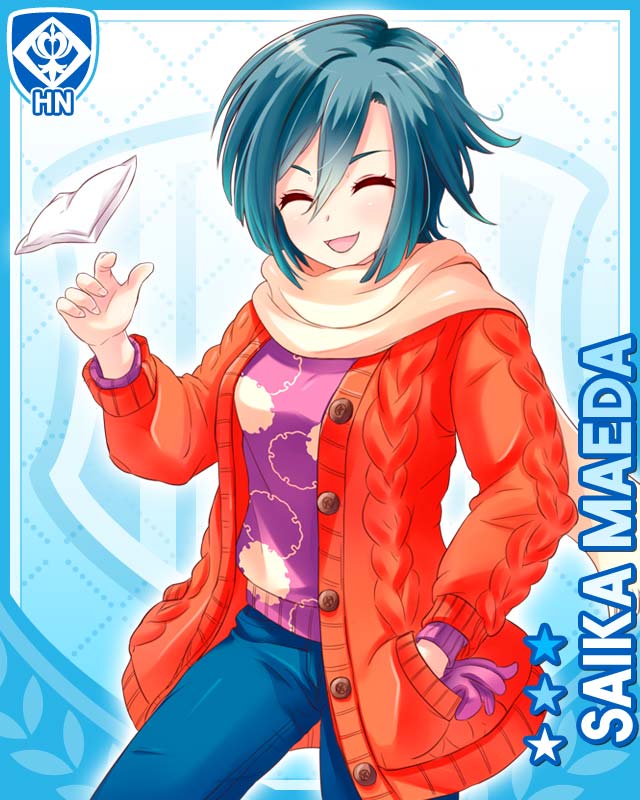 qp:flapper, maeda saika, girlfriend (kari), official art, 1girl, blue background, blue hair, blue pants, cable knit, card (medium), cardigan, character name, hand in pocket, hand warmer, looking at viewer, orange cardigan, pants, purple sweater, red eyes, scarf, short hair, solo, standing, sweater, v-shaped eyebrows, yellow scarf
