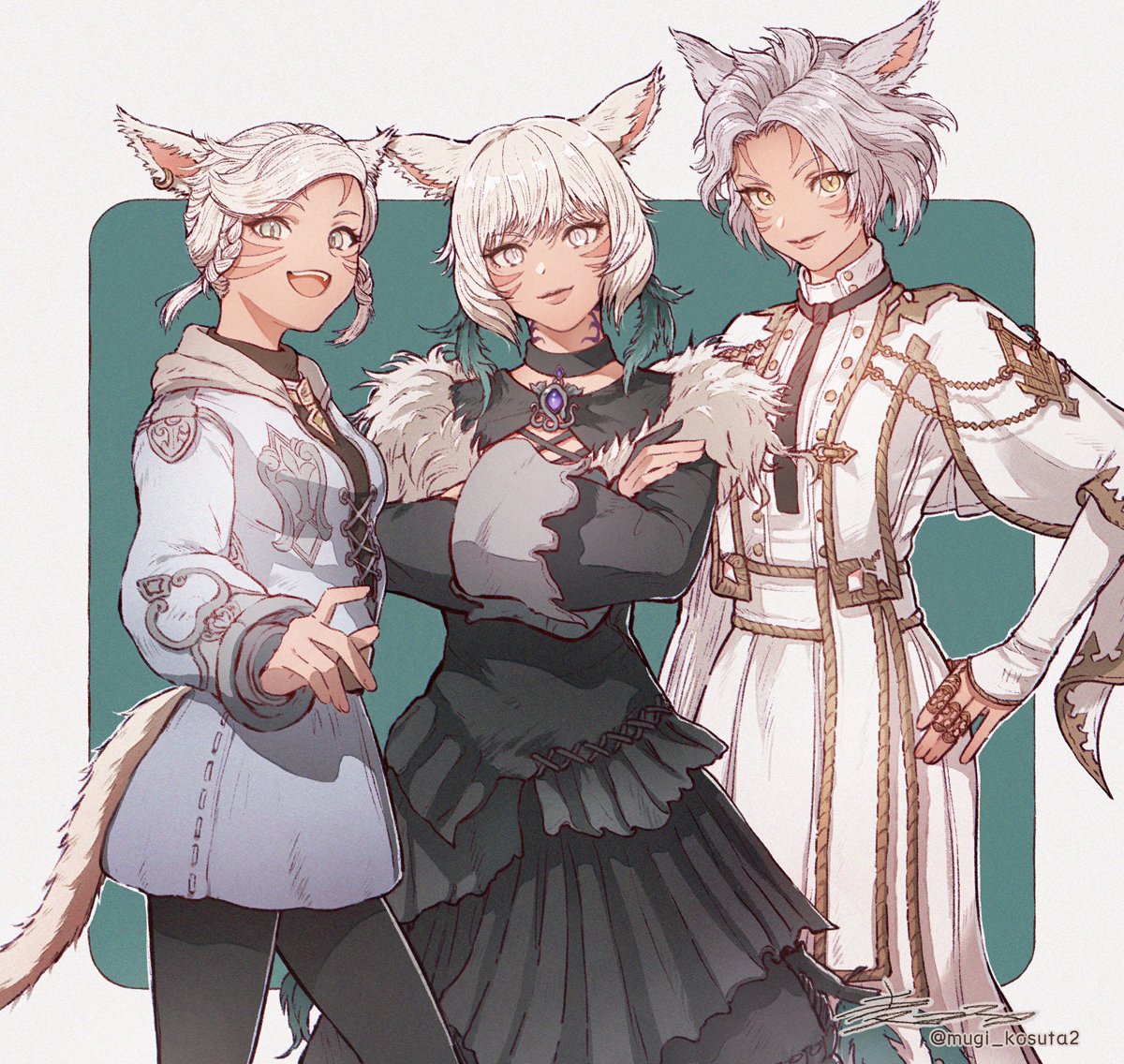mugi kosuta, warrior of light (ff14), y'mhitra rhul, y'shtola rhul, final fantasy, final fantasy xiv, commentary request, 3girls, ahoge, animal ears, black choker, black dress, black necktie, black pants, border, braid, braided sidelocks, brooch, brown shirt, cat ears, cat girl, cat tail, choker, closed mouth, cowboy shot, crossed arms, dress, earrings, facial mark, fang, frilled dress, frills, fur collar, fur wrist cuffs, green background, grey eyes, grey jacket, hand on own hip, jacket, jewelry, layered dress, long sleeves, looking at viewer, miqo'te, multiple girls, necktie, open mouth, outstretched arm, pants, puffy long sleeves, puffy sleeves, reaching, reaching towards viewer, rounded corners, shirt, short hair, simple background, sleeves past wrists, smile, swept bangs, tail, teeth, upper teeth only, white border, white eyes, white hair, white jacket, white pants, wide sleeves, wrist cuffs, yellow eyes