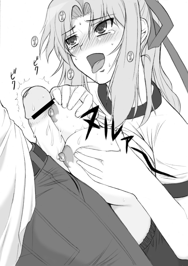shichimenchou, kiriya erika, tsuyokiss, 1girl, blush, breasts, censored, greyscale, gym uniform, large breasts, monochrome, nipples, open mouth, paizuri, penis, pointless censoring, precum, ribbon, saliva, simple background, solo focus, tears, tongue