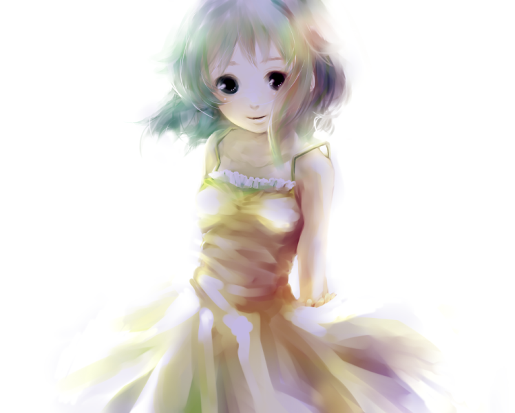 neroko, gumi, vocaloid, bad id, bad pixiv id, 1girl, dress, female focus, green eyes, green hair, matching hair/eyes, short hair, simple background, smile, solo, white background