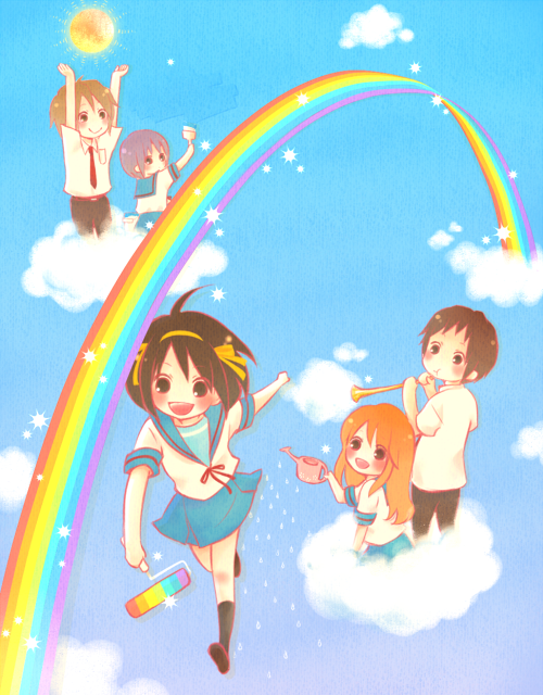 moffunnyo, asahina mikuru, koizumi itsuki, kyon, nagato yuki, suzumiya haruhi, suzumiya haruhi no yuuutsu, bad id, bad pixiv id, 00s, 2boys, 3girls, blouse, cloud, multiple boys, multiple girls, paint roller, paintbrush, rainbow, roller, school uniform, serafuku, shirt, sparkle, sun, trim brush, white shirt