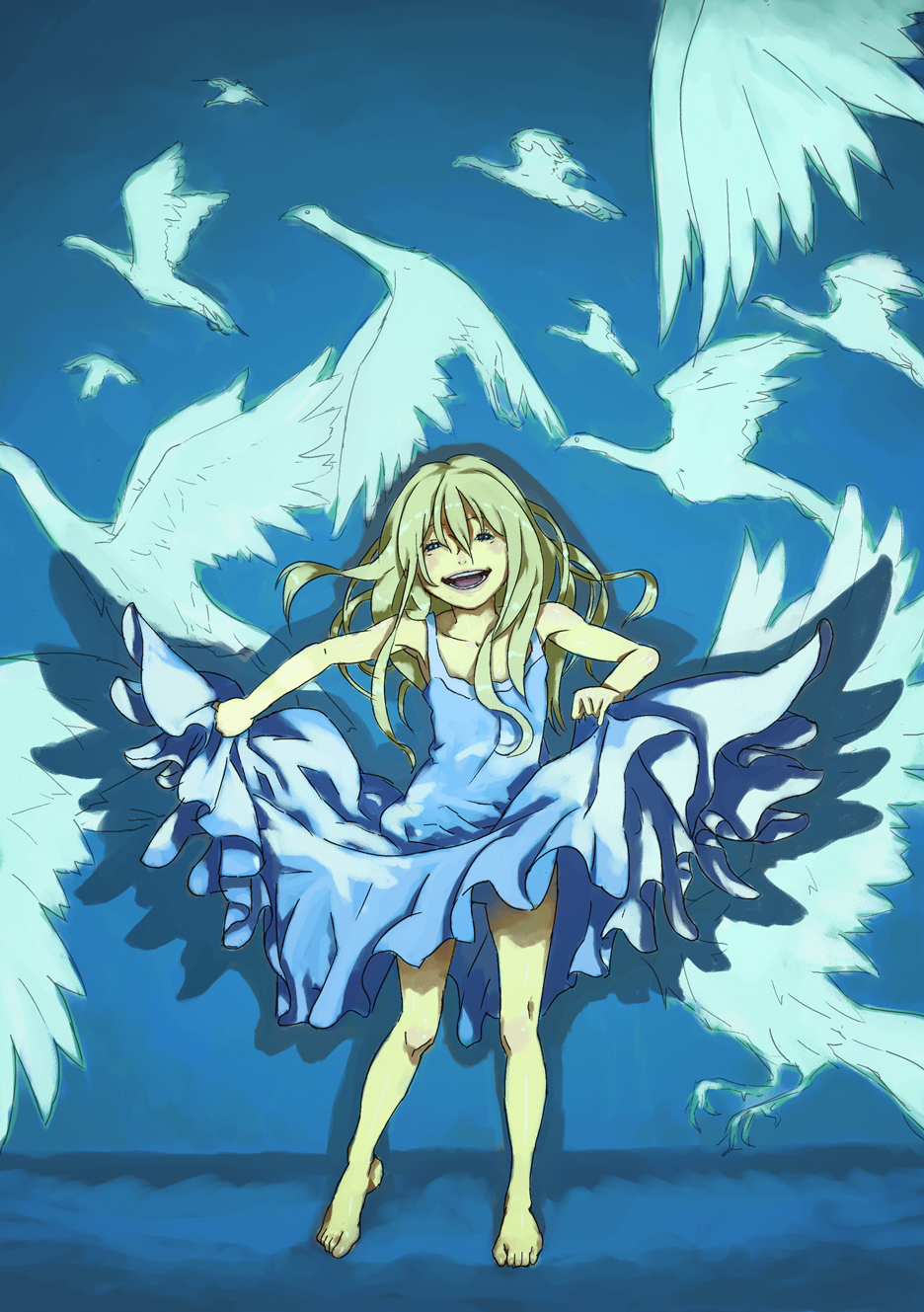 kugaimen, highres, 1girl, barefoot, bird, blonde hair, blue eyes, blue theme, child, clothes lift, dress, dress lift, female focus, happy, long hair, skirt hold, smile, solo