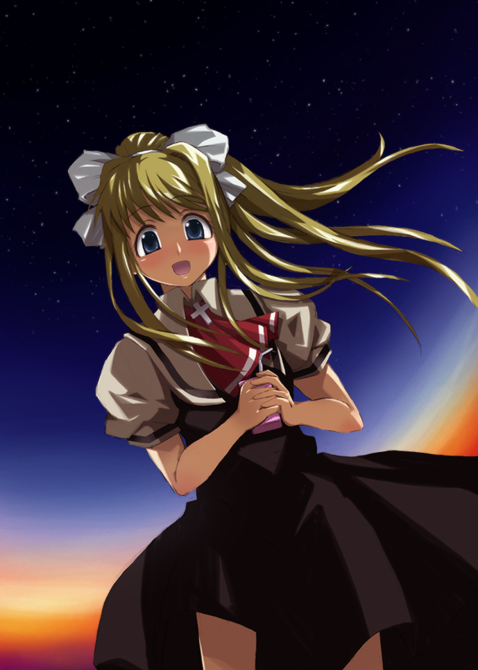 ishida baru, kamio misuzu, air (visual novel), 00s, blonde hair, blue eyes, box, juice box, long hair, ponytail, school uniform, solo