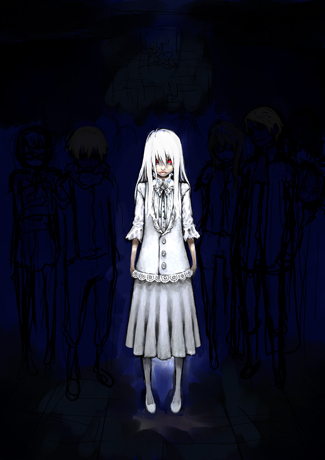 kugaimen, highres, 1girl, albino, child, creepy, dark, dress, glowing, glowing eyes, horror (theme), long hair, red eyes, ribbon, skirt, solo focus, white hair