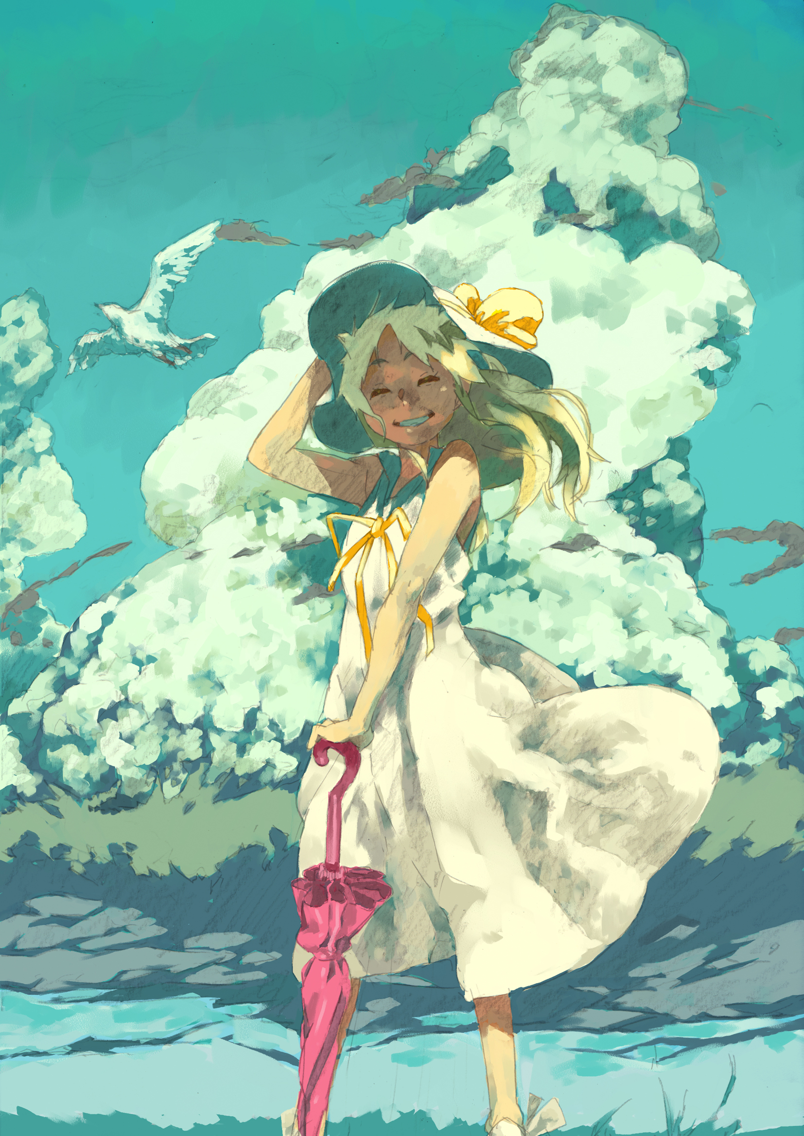 kugaimen, highres, 1girl, bird, closed eyes, closed umbrella, cloud, day, dress, female focus, green hair, happy, hat, long hair, ribbon, smile, solo, summer, sun hat, umbrella, wind