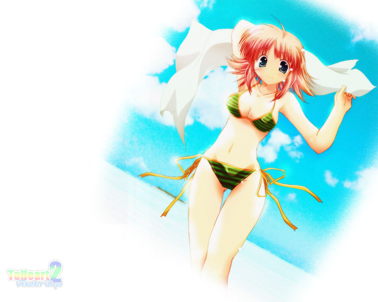 tamaki (diarie inaiinaibaa), milfa (to heart), to heart (series), to heart 2, to heart 2 ad, 00s, bikini, blue eyes, dutch angle, green bikini, pink hair, short hair, side-tie bikini bottom, solo, striped bikini, striped clothes, swimsuit, thigh gap, thighs