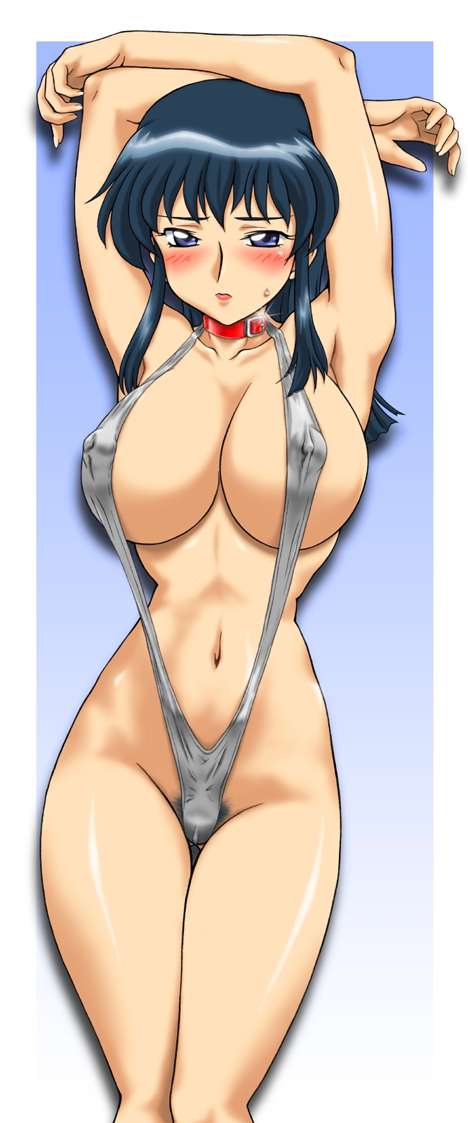 ta152 (graf zeppelin), fujimura shizuru, shinkon gattai godannar!!, highres, 00s, 1girl, blue eyes, blue hair, blush, breasts, cameltoe, collar, covered erect nipples, female focus, female pubic hair, huge breasts, long hair, matching hair/eyes, narrow waist, pubic hair, slingshot swimsuit, solo, swimsuit