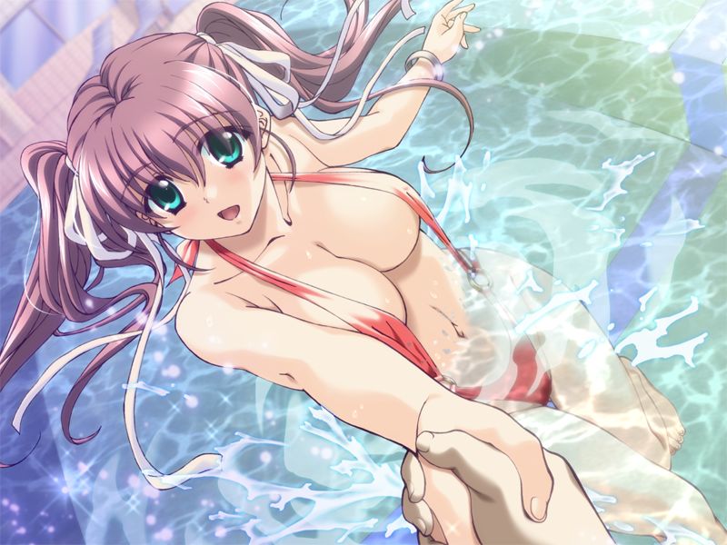 morita kazuaki, yagami yuu, yakin byoutou, yakin byoutou san, game cg, 1girl, breasts, brown hair, dutch angle, green eyes, hair ribbon, holding hands, pool, ribbon, slingshot swimsuit, solo focus, splashing, swimsuit, twintails, water