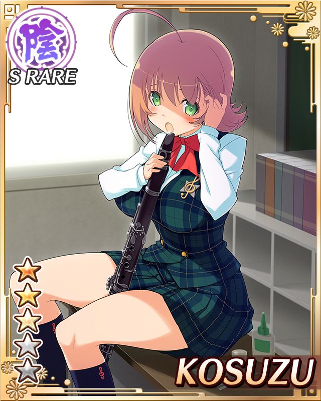 kosuzu (senran kagura), senran kagura, senran kagura new wave, game cg, official art, 1girl, :o, adjusting hair, ahoge, ankle socks, black socks, border, bow, bowtie, breasts, card (medium), character name, clarinet, english text, green eyes, green skirt, green vest, holding, holding instrument, instrument, large breasts, long sleeves, medium hair, official alternate costume, orange hair, plaid clothes, plaid skirt, plaid vest, red bow, red bowtie, sakigei municipal academy school uniform, school uniform, shirt, sitting, skirt, socks, solo, vest, white shirt