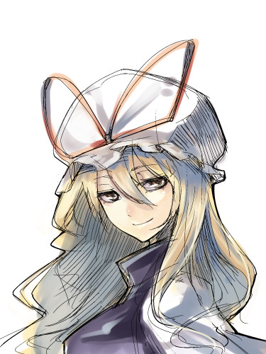 miya9, yakumo yukari, touhou, lowres, 1girl, blonde hair, female focus, hat, ribbon, simple background, smile, solo, upper body, white background