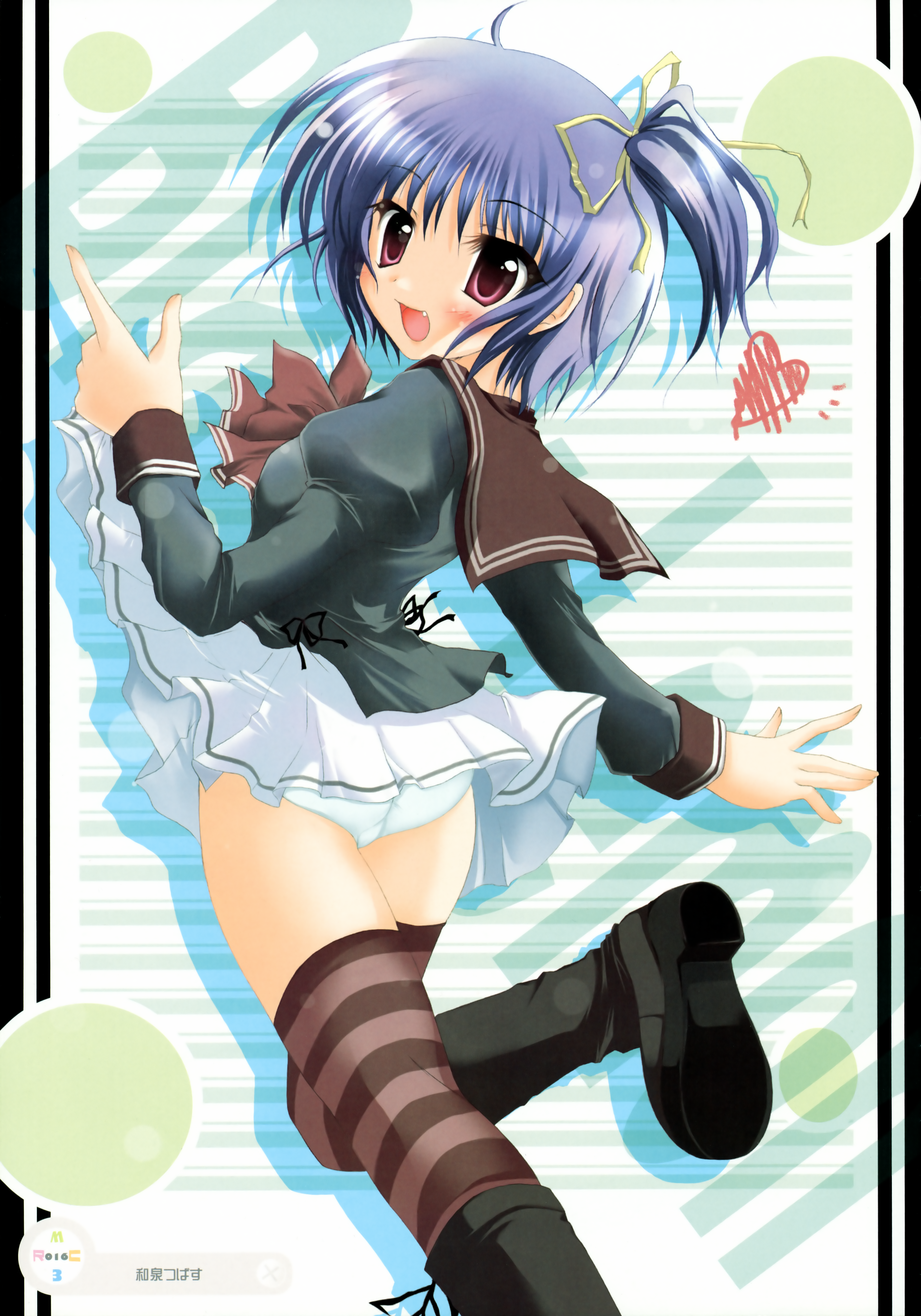 izumi tsubasu, black lemon-chan, melonbooks, absurdres, highres, huge filesize, 1girl, blue hair, blush, female focus, hair ribbon, panties, red eyes, ribbon, school uniform, short hair, solo, striped clothes, striped thighhighs, thighhighs, underwear, white panties