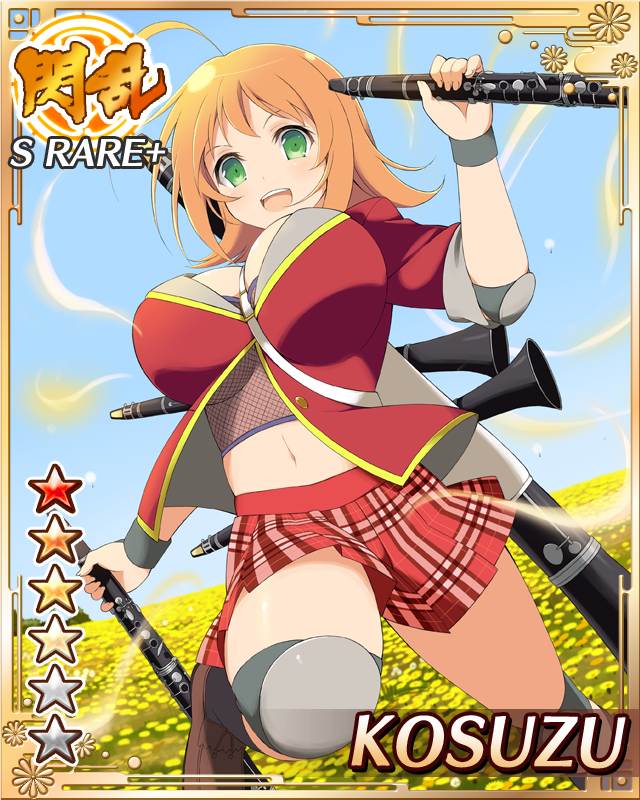 kosuzu (senran kagura), senran kagura, senran kagura new wave, game cg, official art, 1girl, :d, ahoge, ankle socks, armor, aura, border, breasts, card (medium), chainmail, character name, clarinet, cleavage, elbow pads, english text, field, fishnets, flower, flower field, green eyes, holding, holding instrument, instrument, jacket, knee pads, large breasts, medium hair, midriff, navel, official alternate costume, open mouth, orange hair, plaid clothes, plaid skirt, red jacket, red skirt, running, skirt, smile, socks, solo