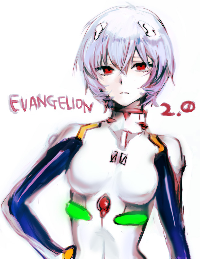 igarashi ran (igatz), igatz, ayanami rei, neon genesis evangelion, rebuild of evangelion, silver hair, bad id, bad pixiv id, 00s, 1girl, blue hair, bodysuit, breasts, expressionless, female focus, frown, hair between eyes, hair ornament, hand on own hip, impossible bodysuit, impossible clothes, looking at viewer, mecha pilot suit, pale skin, plugsuit (evangelion), red eyes, short hair, simple background, sketch, skinny, small breasts, solo, turtleneck, upper body, white background