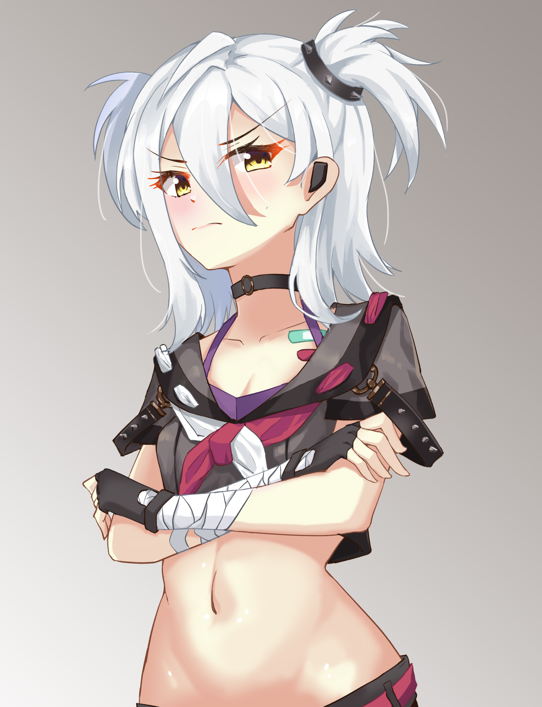 ratten-fanger, yogiri (hololive), hololive, hololive china, absurdres, commentary request, highres, 1girl, bandaged arm, bandages, bandaid, black choker, black gloves, breasts, choker, crossed arms, fingerless gloves, gloves, grey shirt, midriff, navel, neckerchief, red neckerchief, shirt, solo, stomach, two-tone neckerchief, white hair, white neckerchief, yellow eyes