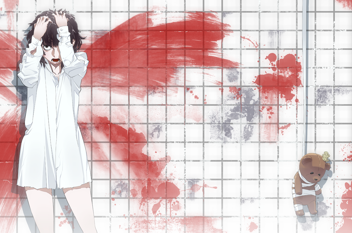 tatsuwo, original, 1girl, bandages, black hair, blood, bottomless, brown hair, fake wings, female focus, messy hair, open mouth, shirt, short hair, solo, stuffed animal, stuffed toy, teddy bear, wings